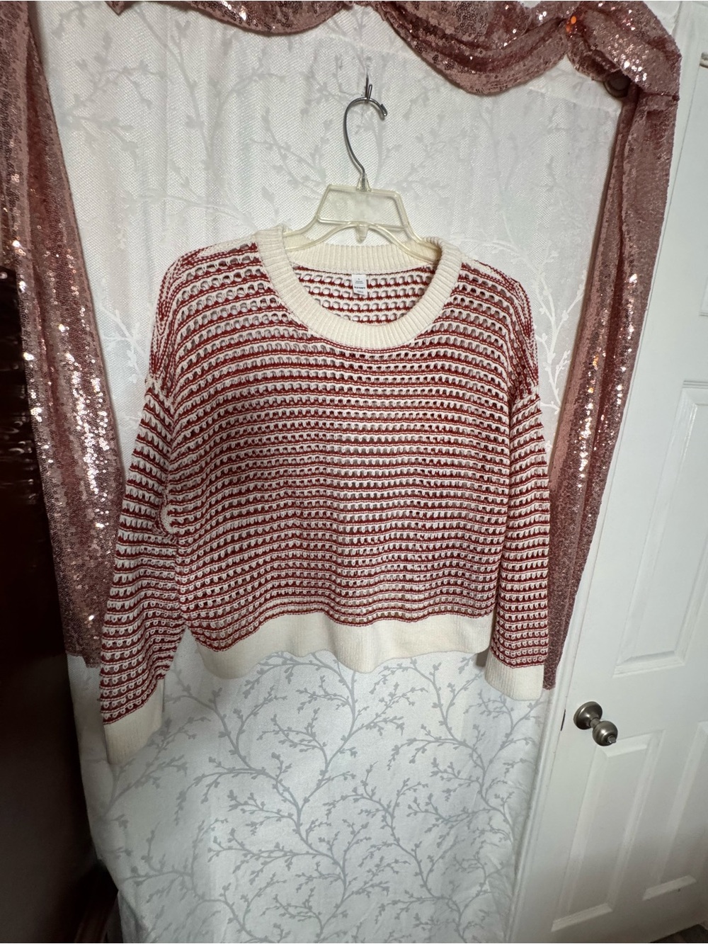 Old Navy Red and Cream Striped Crewneck Sweater